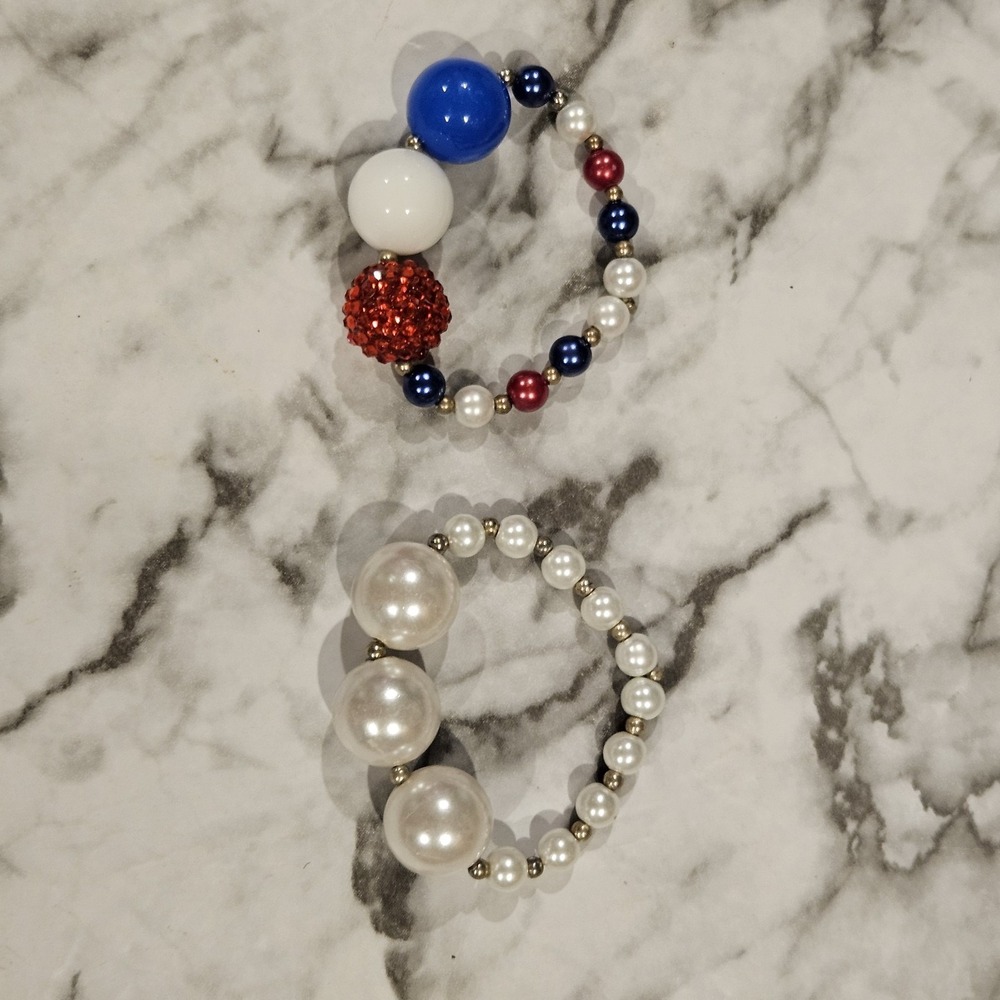 Girls Chunky Bead Bracelet Lot Patriotic Red White Blue & White Pearl Stretch